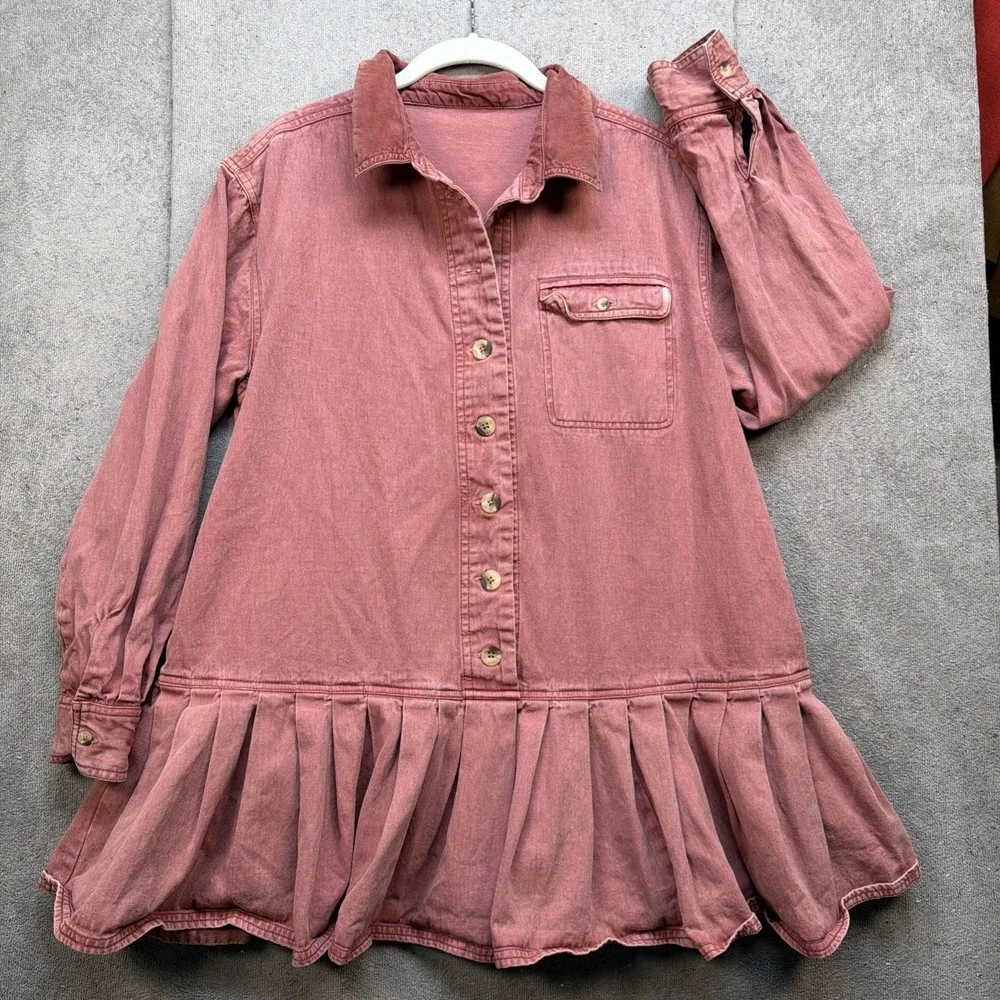 Free People Connor Mini Dress Corduroy Button‎ Front Pink Small